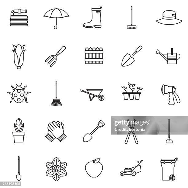 gardening thin line icon set - rake stock illustrations