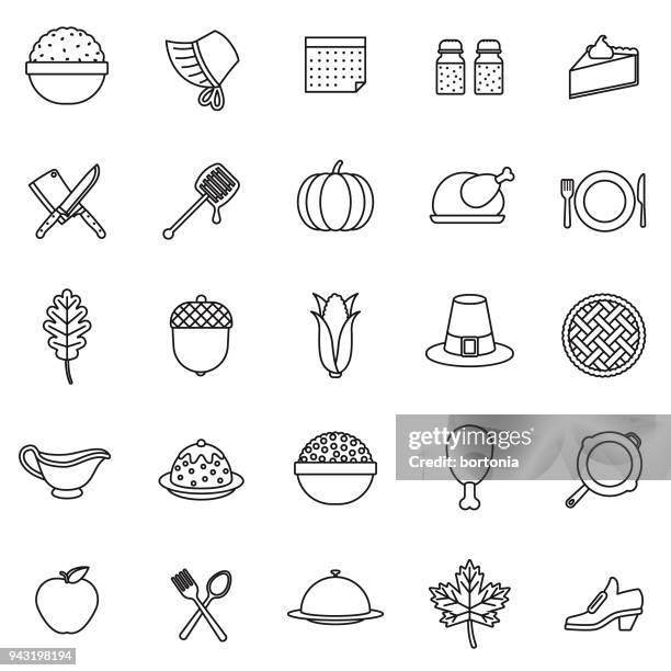 thanksgiving thin line icon set - bonnet stock illustrations