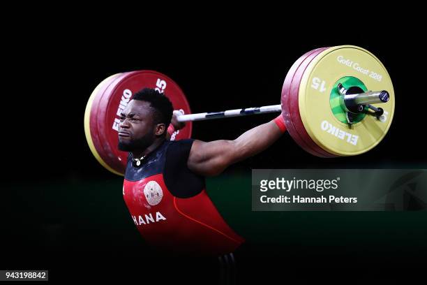 Forrester Christopher Osei of Ghana competes in the Men's 94kg final during Weightlifting on day four of the Gold Coast 2018 Commonwealth Games at...