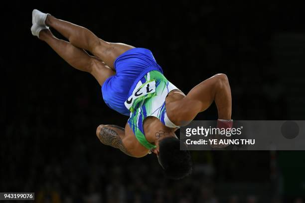 Cyprus' Marios Georgiou competes in the men's floor exercise final artistic gymnastics event during the 2018 Gold Coast Commonwealth Games at the...