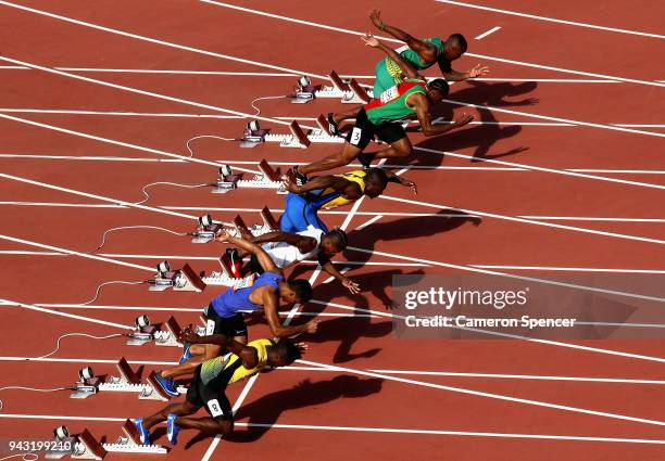 Athletes compete at the start in the Men's 100 metres heats on day four of the Gold Coast 2018 Commonwealth Games at Carrara Stadium on April 8, 2018...