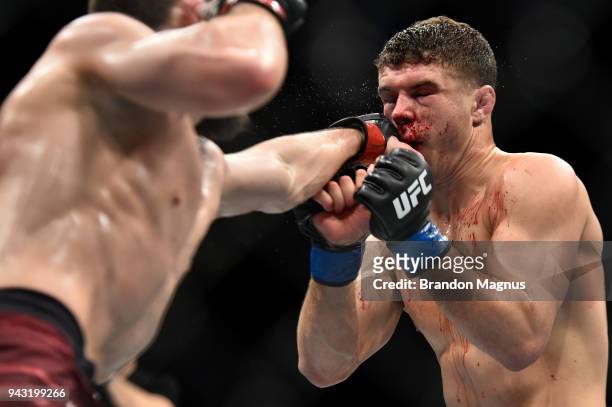 Khabib Nurmagomedov of Russia punches Al Iaquinta in their lightweight title bout during the UFC 223 event inside Barclays Center on April 7, 2018 in...