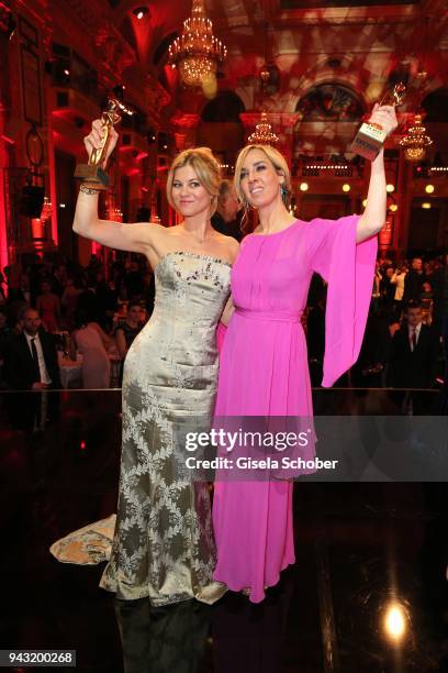 Hilde Dalik and Nadja Bernhard with award during the 29th ROMY award at Hofburg Vienna on April 7, 2018 in Vienna, Austria.