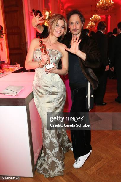 Hilde Dalik and her boyfriend Michael Ostrowski with award during the 29th ROMY award at Hofburg Vienna on April 7, 2018 in Vienna, Austria.