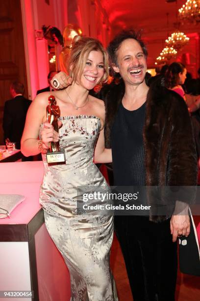 Hilde Dalik and her boyfriend Michael Ostrowski with award during the 29th ROMY award at Hofburg Vienna on April 7, 2018 in Vienna, Austria.