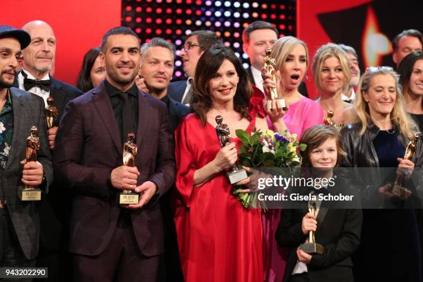 Elyas M'Barek and Iris Berben and Nadja Bernhard with award during the 29th ROMY award at Hofburg Vienna on April 7, 2018 in Vienna, Austria.