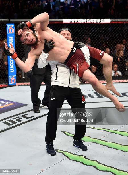 Khabib Nurmagomedov of Russia celebrates after a dominating performance over Al Iaquinta in their lightweight title bout during the UFC 223 event...