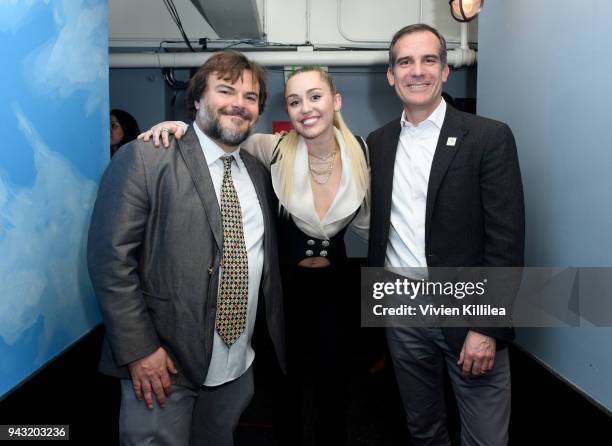 Host Jack Black, honoree Miley Cyrus and Eric Garcetti, Mayor of Los Angeles attend the My Friend's Place 30th Anniversary Gala at Hollywood...