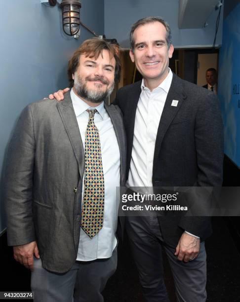 Host Jack Black and Eric Garcetti, Mayor of Los Angeles attend the My Friend's Place 30th Anniversary Gala at Hollywood Palladium on April 7, 2018 in...