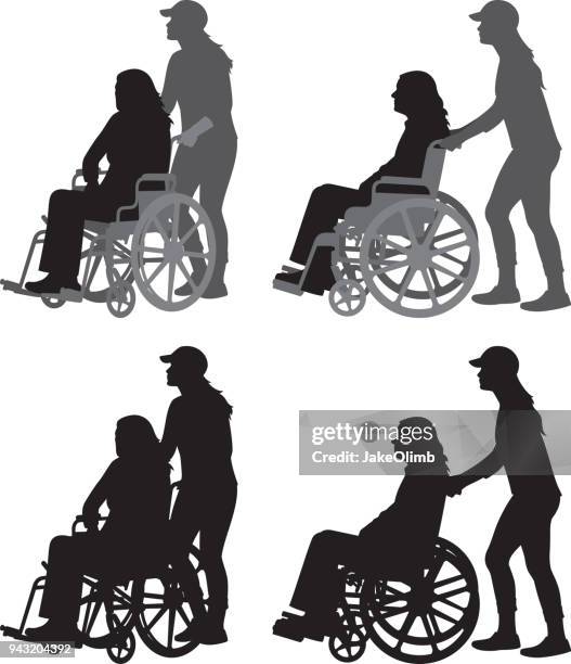 junge frau, die alte frau im rollstuhl silhouetten schieben - physical impairment stock-grafiken, -clipart, -cartoons und -symbole