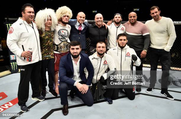 Khabib Nurmagomedov of Russia celebrates after his unanimous-decision victory over Al Iaquinta in their lightweight title bout during the UFC 223...