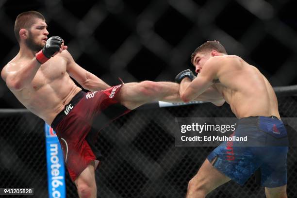 Khabib Nurmagomedov lands a kick on Al Iaquinta during their UFC lightweight championship bout at UFC 223 at Barclays Center on April 7, 2018 in New...