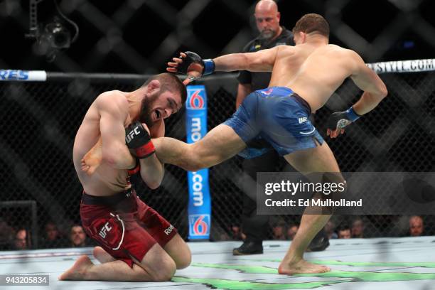 Khabib Nurmagomedov attempts a takedown on Al Iaquinta during their UFC lightweight championship bout at UFC 223 at Barclays Center on April 7, 2018...