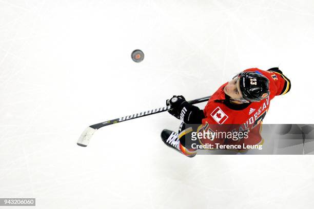 Johnny Gaudreau of the Calgary Flames lifts the puck in the air before an NHL game against the Vegas Golden Knights on April 7, 2018 at the...