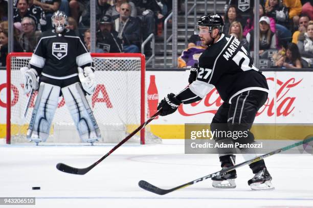 Alec Martinez of the Los Angeles Kings handles the puck during a game against the Dallas Stars at STAPLES Center on April 7, 2018 in Los Angeles,...