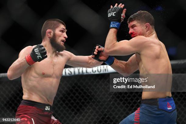 Khabib Nurmagomedov throws a left hand to the head of Al Iaquinta during their UFC lightweight championship bout at UFC 223 at Barclays Center on...