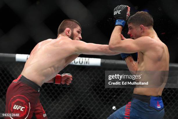 Khabib Nurmagomedov throws a right hand to the head of Al Iaquinta during their UFC lightweight championship bout at UFC 223 at Barclays Center on...