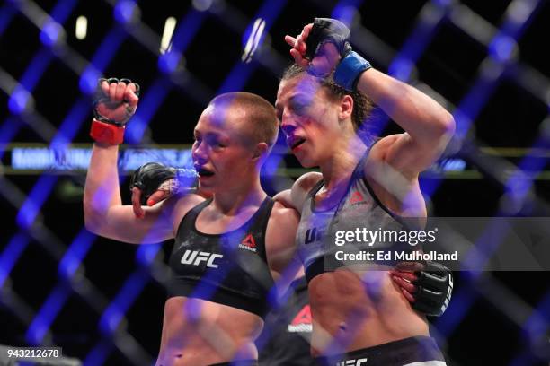 Strawweight champion Rose Namajunas and Joanna Jedrzejczyk congratulate each other after their UFC women's strawweight championship bout at UFC 223...