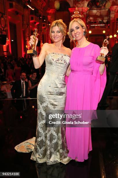 Hilde Dalik and Nadja Bernhard with award during the 29th ROMY award at Hofburg Vienna on April 7, 2018 in Vienna, Austria.