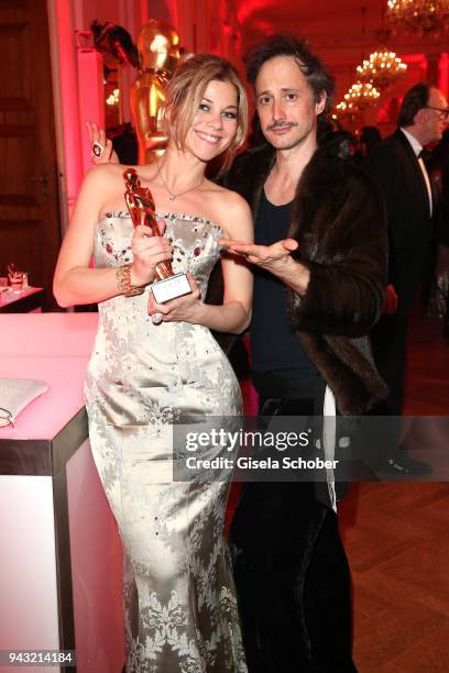 Hilde Dalik and her boyfriend Michael Ostrowski with award during the 29th ROMY award at Hofburg Vienna on April 7, 2018 in Vienna, Austria.