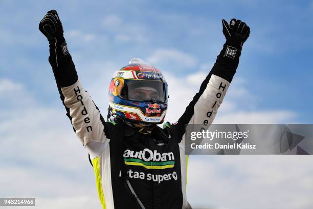 Race winner Craig Lowndes driver of the Autobarn Lowndes Racing Holden Commodore ZB celebrates after race 2 for the Supercars Tasmania SuperSprint on...