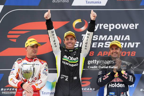 Race winner Craig Lowndes driver of the Autobarn Lowndes Racing Holden Commodore ZB celebrates after race 2 for the Supercars Tasmania SuperSprint on...