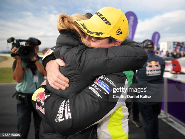 Lara Lowndes and Craig Lowndes driver of the Autobarn Lowndes Racing Holden Commodore ZB celebrate after race 2 for the Supercars Tasmania...