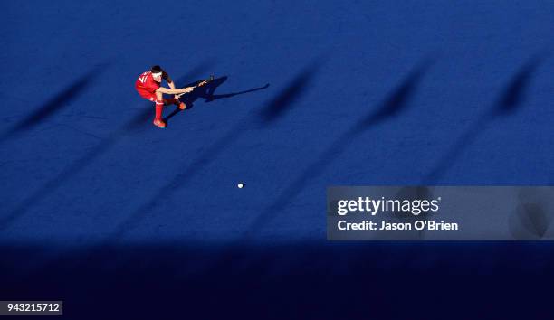 England's Liam Sanford hits a pass against Pakistan during Hockey on day four of the Gold Coast 2018 Commonwealth Games at Gold Coast Hockey Centre...