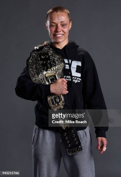 Rose Namajunas poses for a portrait backstage after her victory over Joanna Jedrzejczyk during the UFC 223 event inside Barclays Center on April 7,...