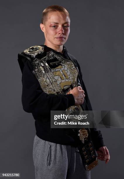 Rose Namajunas poses for a portrait backstage after her victory over Joanna Jedrzejczyk during the UFC 223 event inside Barclays Center on April 7,...