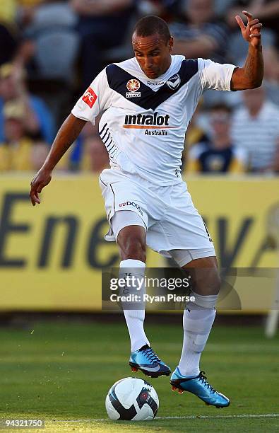 Archie Thompson of the Victory controls the ball during the round 18 A-League match between the Central Coast Mariners and the Melbourne Victory at...