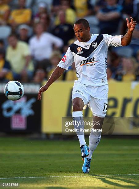 Archie Thompson of the Victory controls the ball during the round 18 A-League match between the Central Coast Mariners and the Melbourne Victory at...