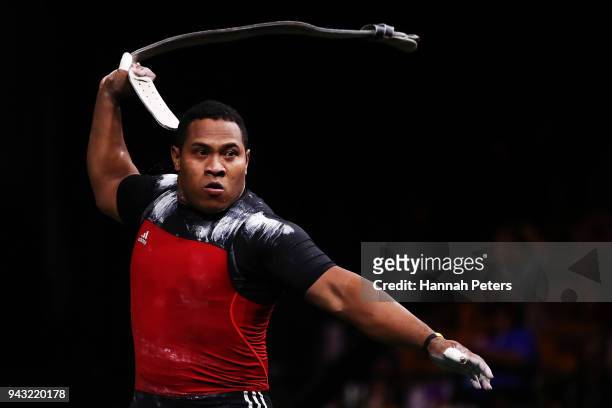 Steven Kari of Papua New Guinea celebrates winning gold in the Men's 94kg final Weightlifting on day four of the Gold Coast 2018 Commonwealth Games...