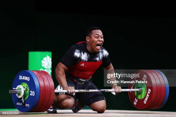 Steven Kari of Papua New Guinea celebrates winning gold in the Men's 94kg final Weightlifting on day four of the Gold Coast 2018 Commonwealth Games...