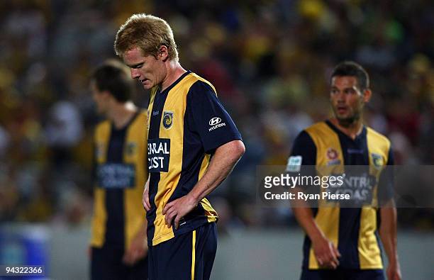 Matthew Simon of the Mariners looks dejected during the round 18 A-League match between the Central Coast Mariners and the Melbourne Victory at...