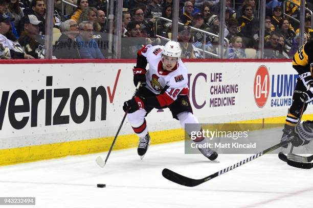 Ryan Dzingel of the Ottawa Senators skates after the puck against the Pittsburgh Penguins at PPG PAINTS Arena on April 6, 2018 in Pittsburgh,...