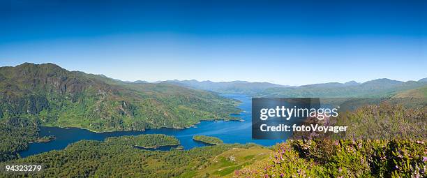 blue lake, green mountains, purple heather - silentfoto heather stock pictures, royalty-free photos & images