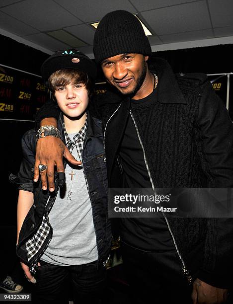 Justin Bieber and Usher attends Z100's Jingle Ball 2009 presented by H&M at Madison Square Garden on December 11, 2009 in New York City.