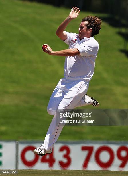 Ryan Sidebottom of England bowls during day two of the second two-day warm-up match between South African Airways XI and England at Buffalo Park on...