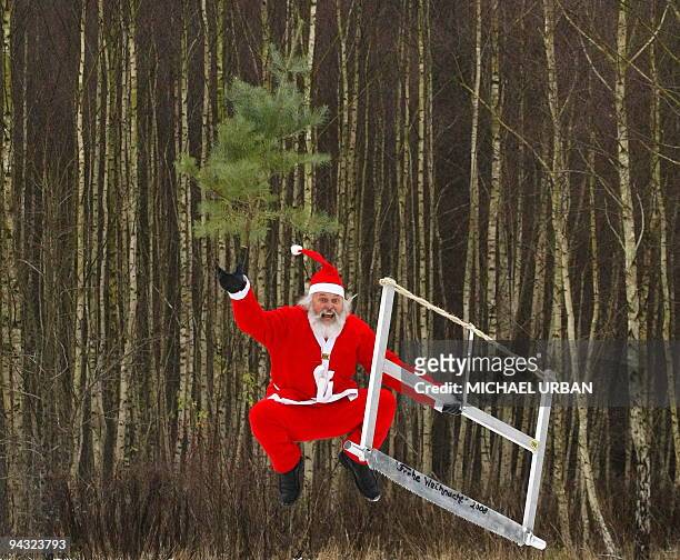 German cycling fan Didi Senft, also known as El Diablo, jumps in the air holding a Christmas tree and a saw in a forest near Chorin eastern Germany....
