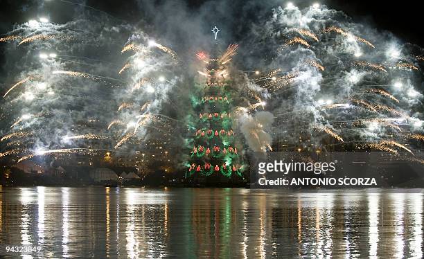 Fireworks light the biggest floating Christmas tree in the world, on December 5 in the opening ceremony at Rodrigo de Freitas Lagoon in Rio de...