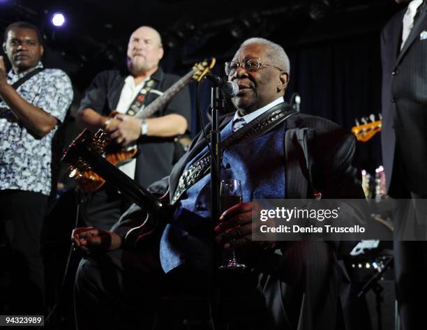 Robert Cray, Steve Cropper and B.B. King performs at the grand opening of B.B. Kings Blues Club at The Mirage on December 11, 2009 in Las Vegas,...