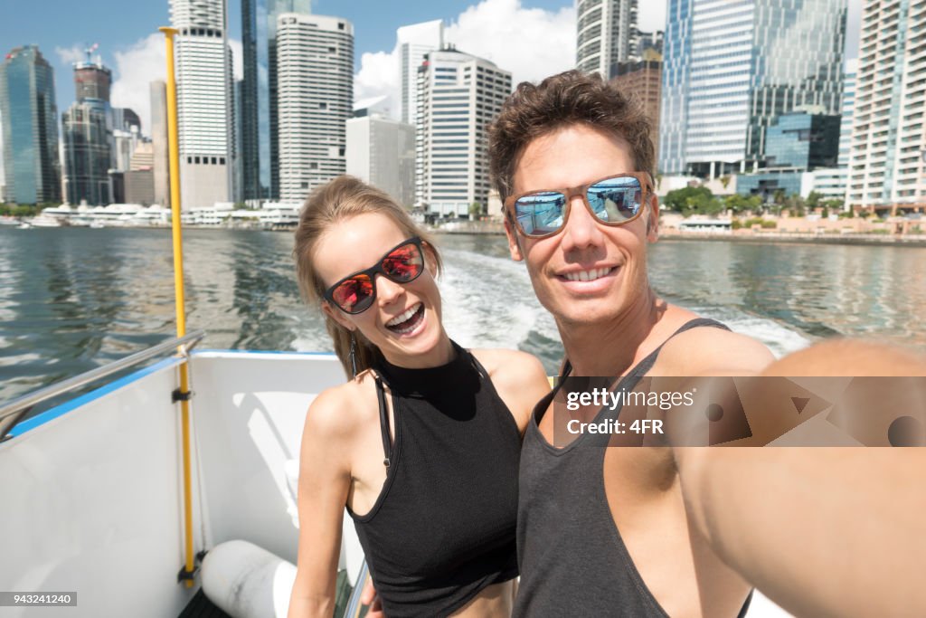Selfie of a tourist couple on the Ferry, Brisbane Skyline, Queensland, Australia
