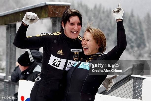 Pilot Cathleen Martini and Romy Logsch of Germany celebrate after winning the women's bobsleigh competition during the FIBT Bob & Skeleton World Cup...