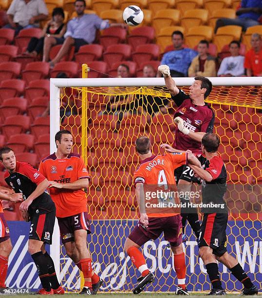 Goal keeper Griffin McMaster of the Roar punches the ball during the round 18 A-League match between the Brisbane Roar and Adelaide United at Suncorp...