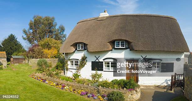 idyllic thatched cottage - fotohandy stock pictures, royalty-free photos & images