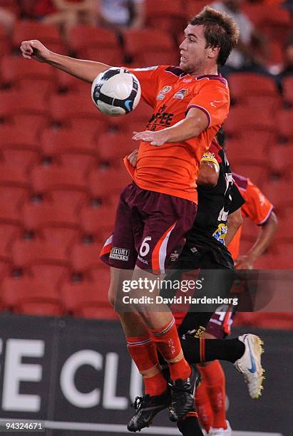 David Dodd of the Roar controls the ball with his chest during the round 18 A-League match between the Brisbane Roar and Adelaide United at Suncorp...