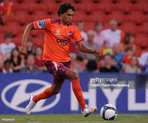 Adam Sarota of the Roar takes the ball during the round 18 A-League match between the Brisbane Roar and Adelaide United at Suncorp Stadium on...