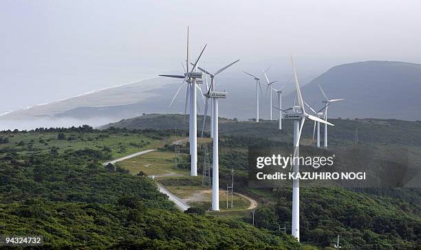 Japan-environment-climate-warming, by Patrice Novotny Aerial view of wind towers produced by Eurus Energy Japan Corp. In Higashi-Dori, tip of Japan's...