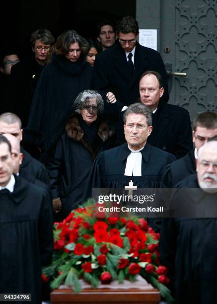Alexandra von der Wenge Graefin Lambsdorff and Nikolaus von der Wenge Graf Lambsdorff follow the coffin at the end of the funeral service for Otto...